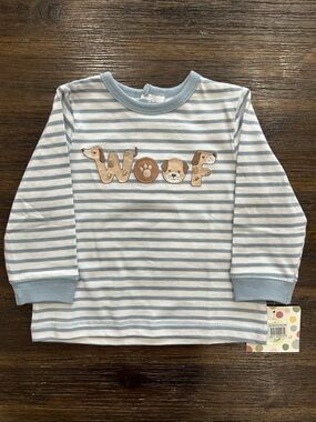 NWT Infant Light Blue & White Striped 'Woof' Long-Sleeve Tee - Size 12M